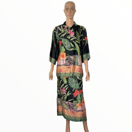 VINTAGE CAROL ANDERSON COLLECTION Floral Satin Button Up Full Length Skirt Set