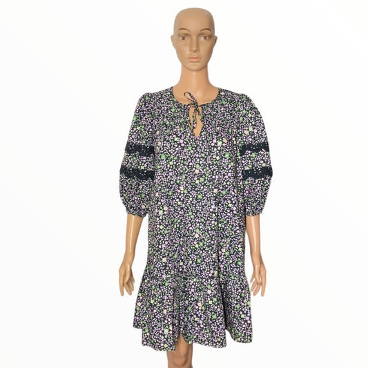 OLIVER BONAS Floral Pattern Puff Lace Sleeve Ruffle Detail Pullover Cotton Dress